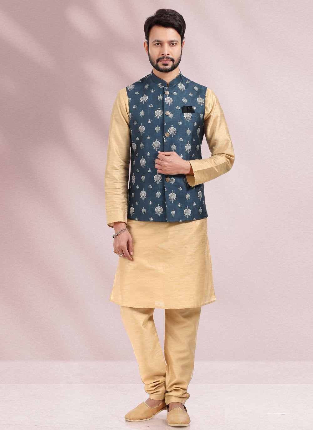 Kurta Payjama With Jacket Banarasi Silk Beige Blue Print Mens