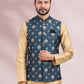 Kurta Payjama With Jacket Banarasi Silk Beige Blue Print Mens