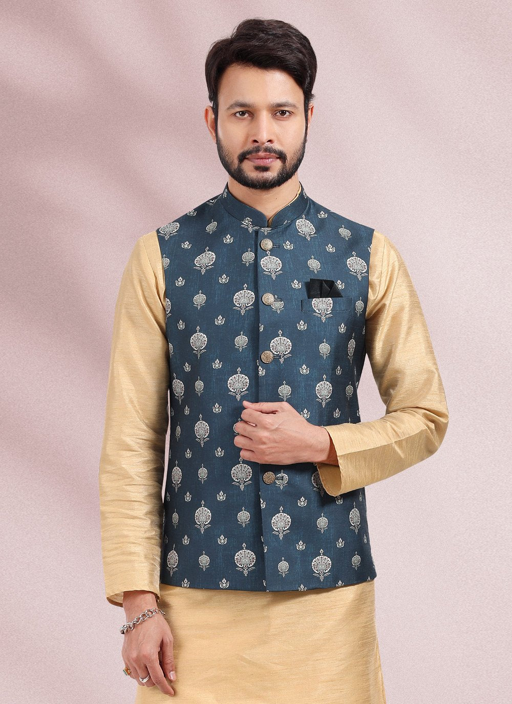 Kurta Payjama With Jacket Banarasi Silk Beige Blue Print Mens