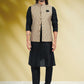 Kurta Payjama With Jacket Banarasi Silk Black Cream Print Mens