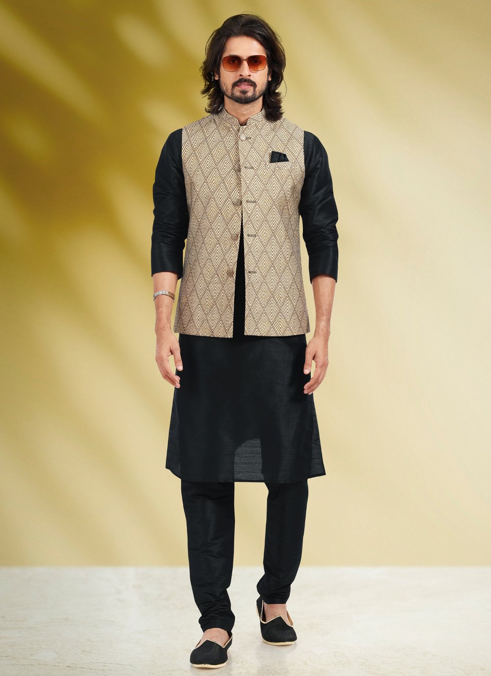 Kurta Payjama With Jacket Banarasi Silk Black Cream Print Mens