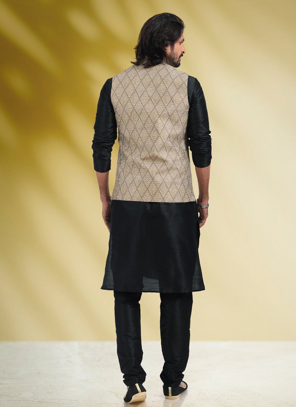 Kurta Payjama With Jacket Banarasi Silk Black Cream Print Mens