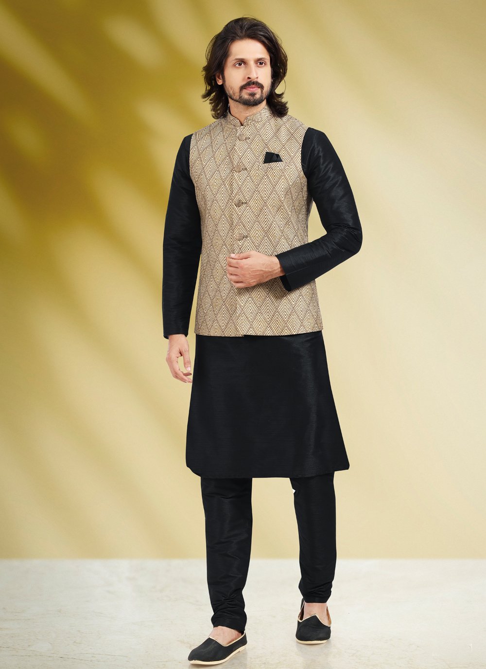 Kurta Payjama With Jacket Banarasi Silk Black Cream Print Mens