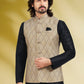 Kurta Payjama With Jacket Banarasi Silk Black Cream Print Mens