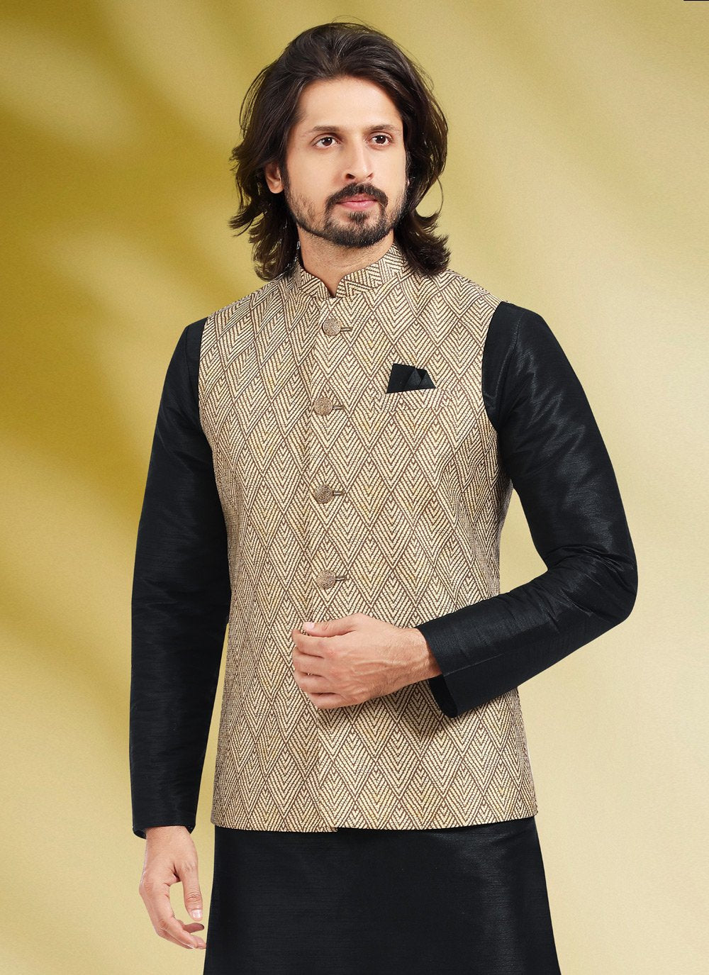 Kurta Payjama With Jacket Banarasi Silk Black Cream Print Mens