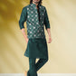 Kurta Payjama With Jacket Banarasi Silk Green Print Mens