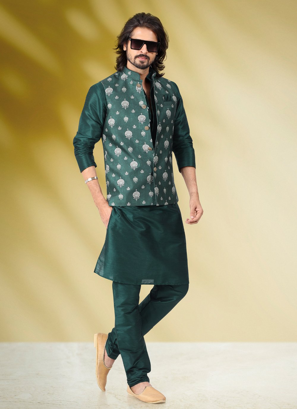 Kurta Payjama With Jacket Banarasi Silk Green Print Mens