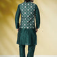 Kurta Payjama With Jacket Banarasi Silk Green Print Mens