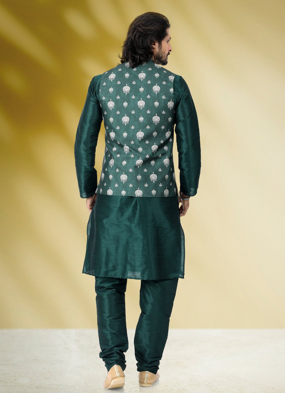 Kurta Payjama With Jacket Banarasi Silk Green Print Mens