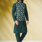 Kurta Payjama With Jacket Banarasi Silk Green Print Mens