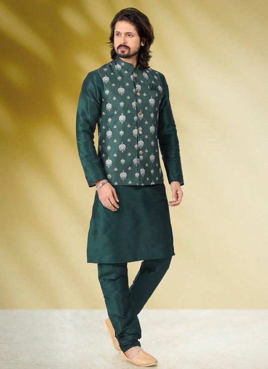 Kurta Payjama With Jacket Banarasi Silk Green Print Mens