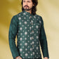 Kurta Payjama With Jacket Banarasi Silk Green Print Mens