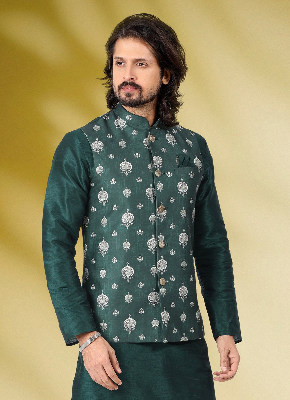 Kurta Payjama With Jacket Banarasi Silk Green Print Mens