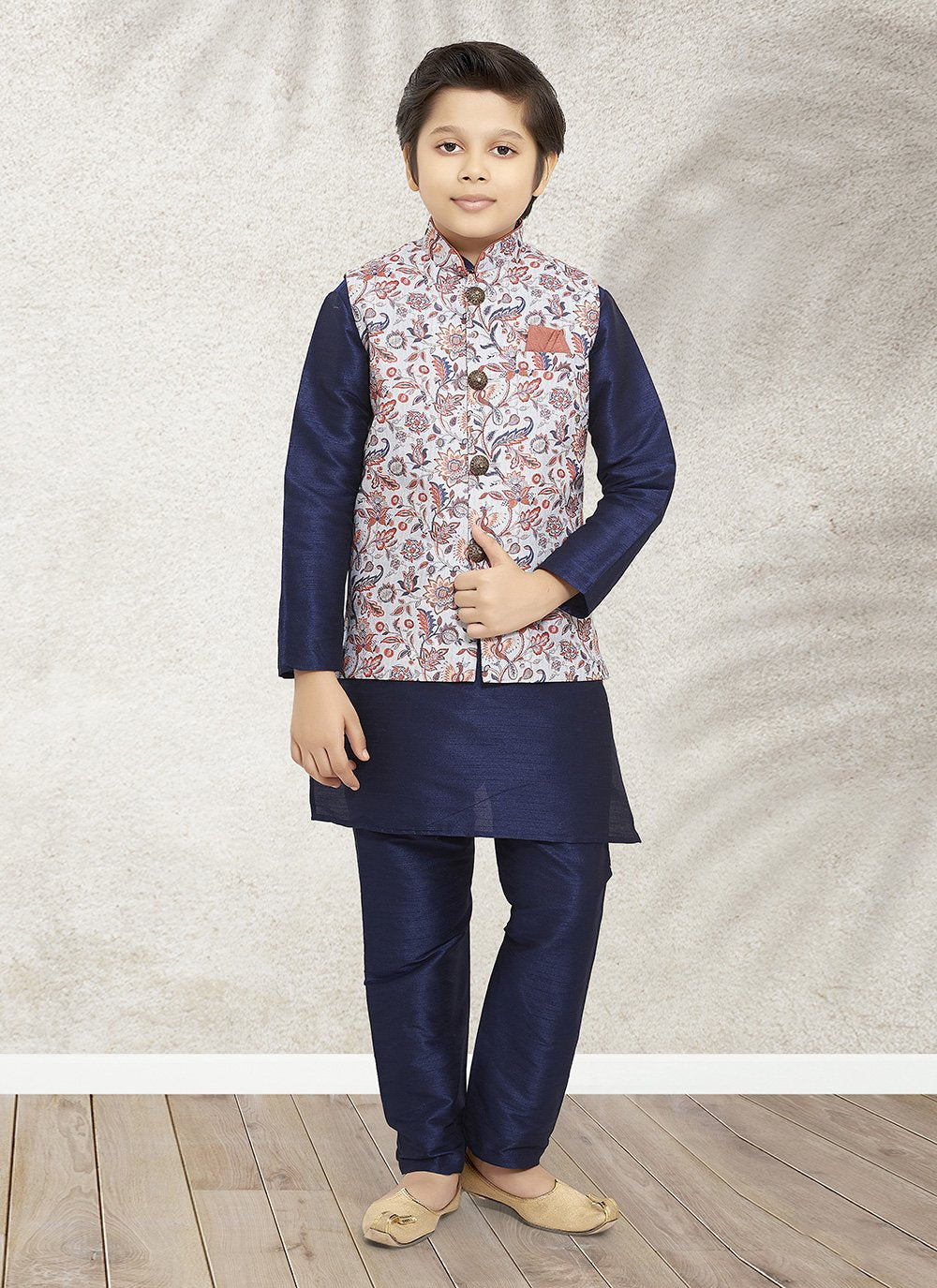 Kurta Payjama With Jacket Banarasi Silk Blue Grey Print Kids