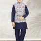 Kurta Payjama With Jacket Banarasi Silk Blue Turquoise Print Kids