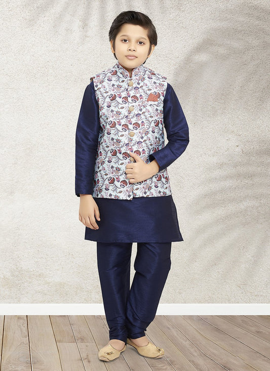 Kurta Payjama With Jacket Banarasi Silk Blue Turquoise Print Kids