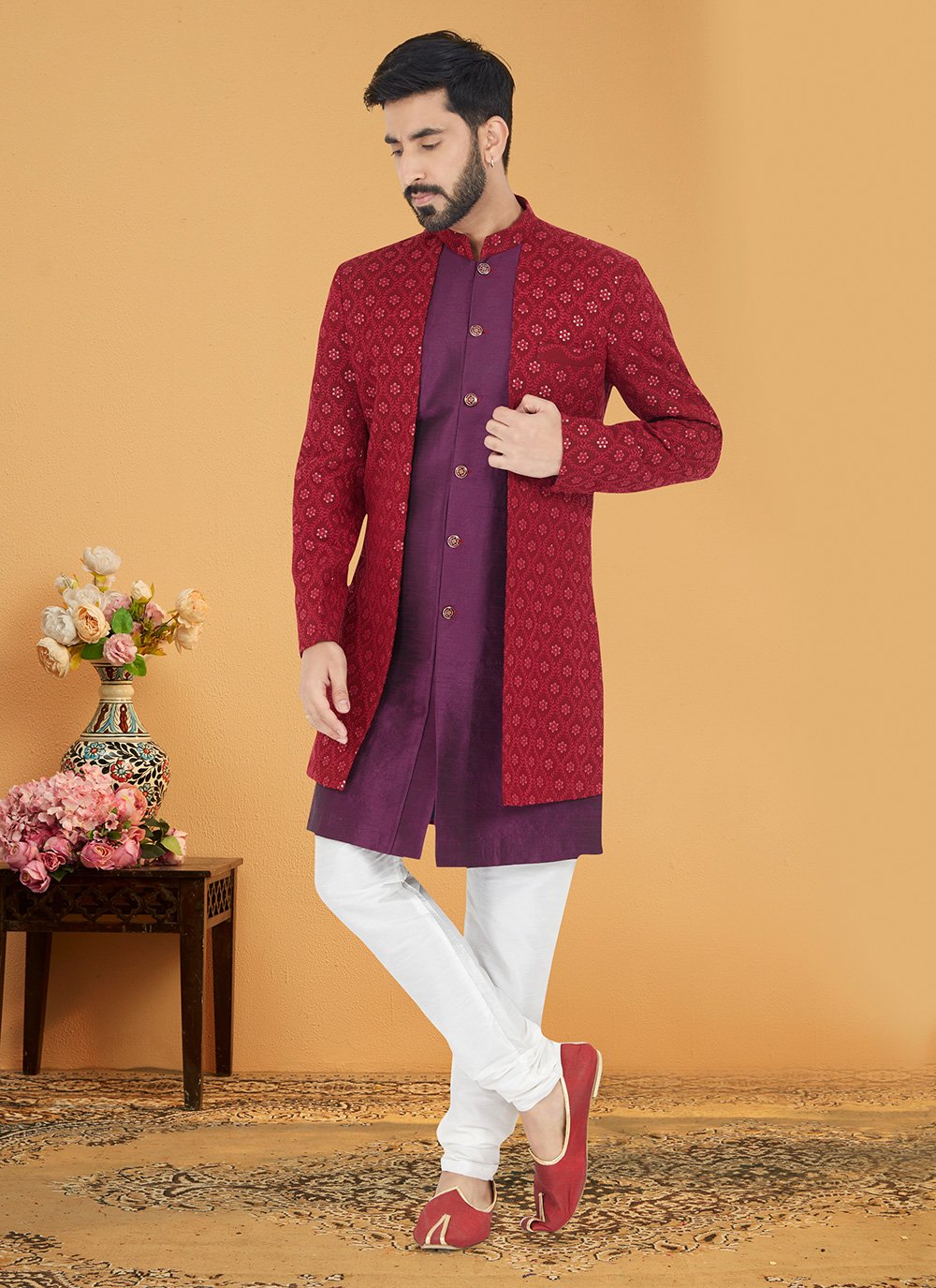 Indo Western Banarasi Silk Georgette Purple Red Embroidered Mens