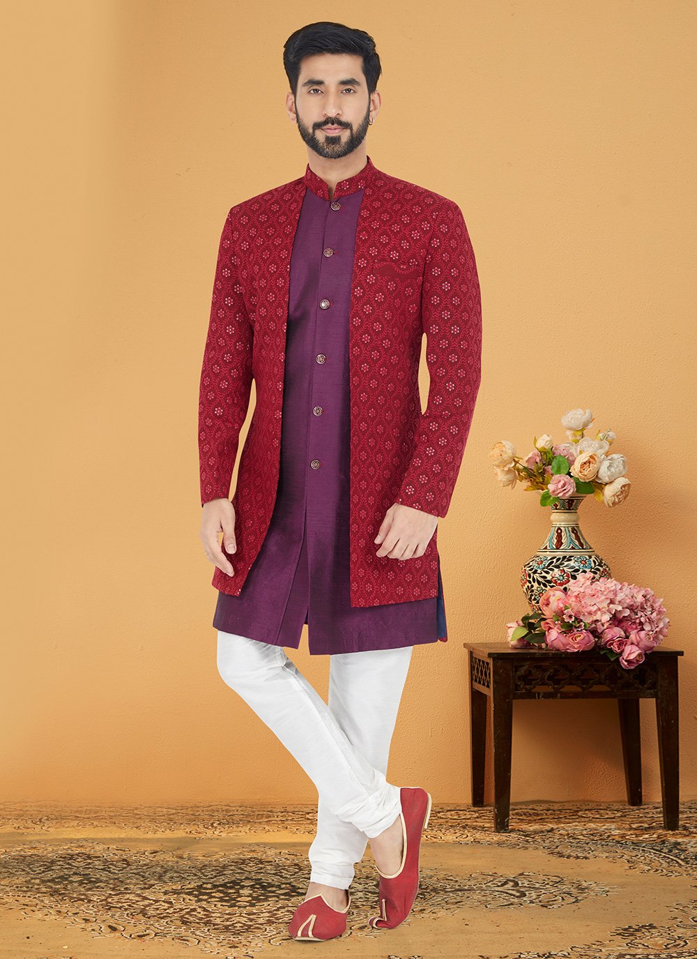 Indo Western Banarasi Silk Georgette Purple Red Embroidered Mens