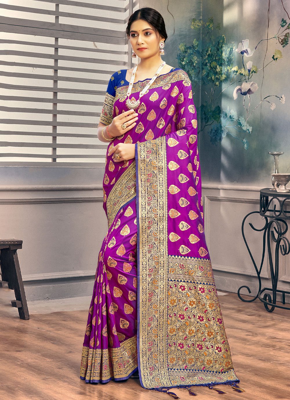 Classic Banarasi Silk Purple Foil Print Saree