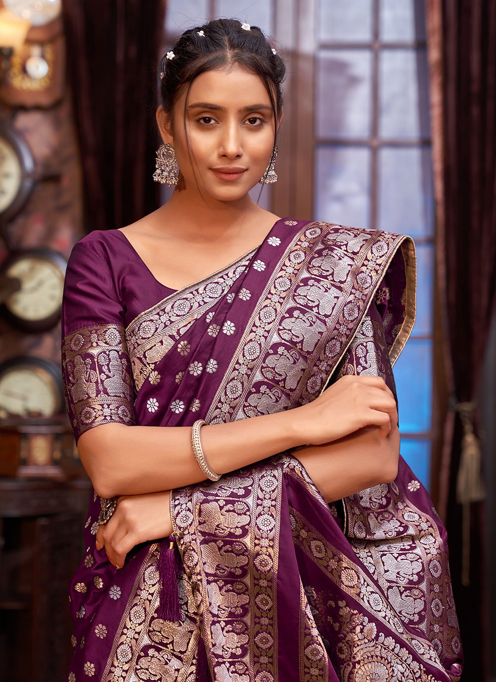 Contemporary Banarasi Silk Purple Weaving Saree