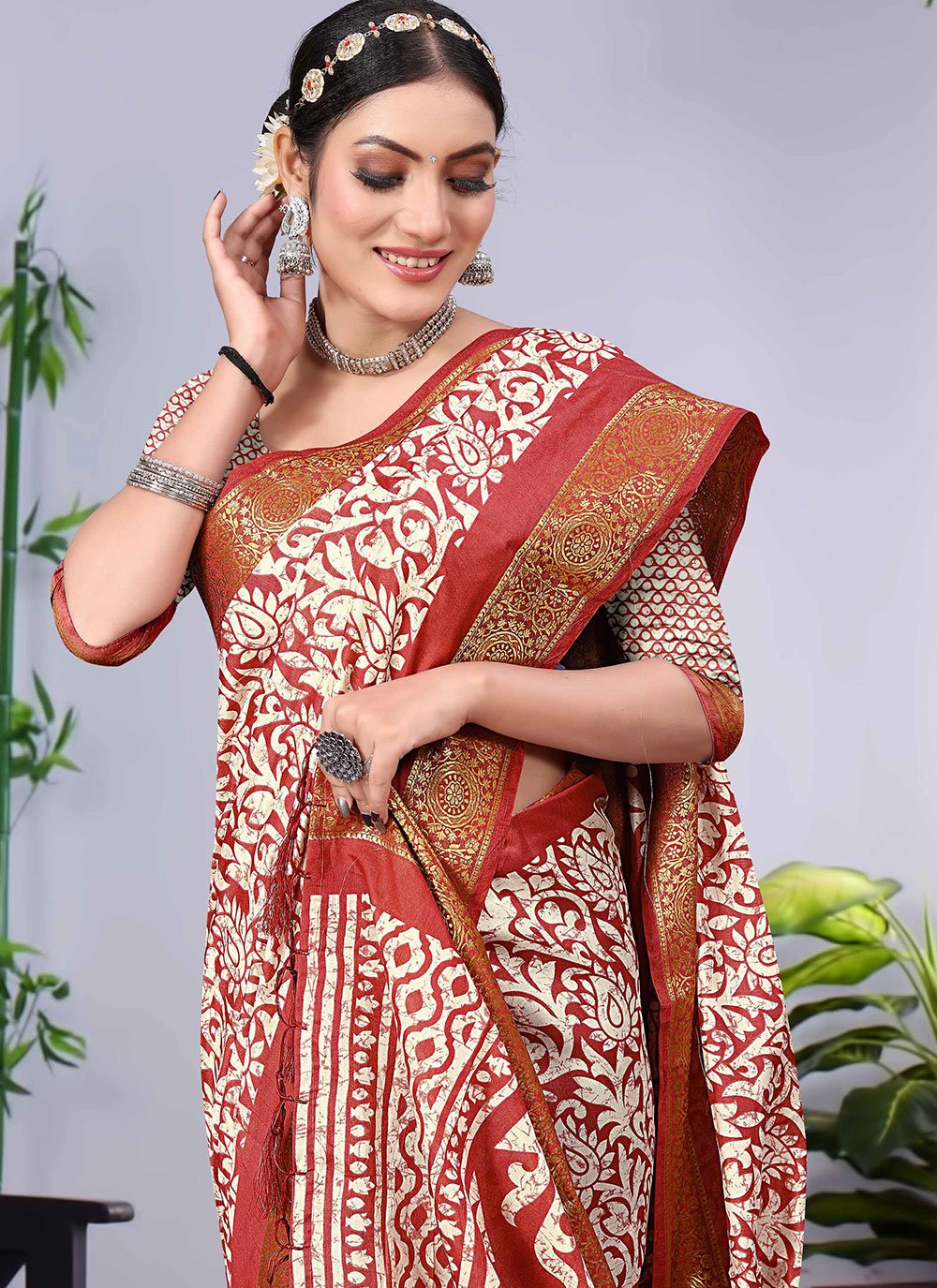 Classic Banarasi Silk Rust Patch Border Saree