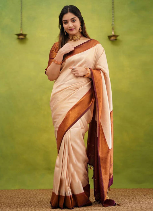 Classic Banarasi Silk Cream Jacquard Work Saree