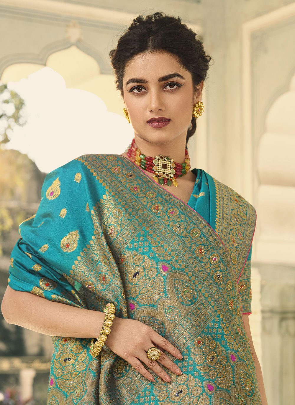 Classic Banarasi Silk Aqua Blue Swarovski Saree