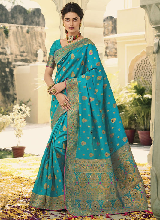 Classic Banarasi Silk Aqua Blue Swarovski Saree