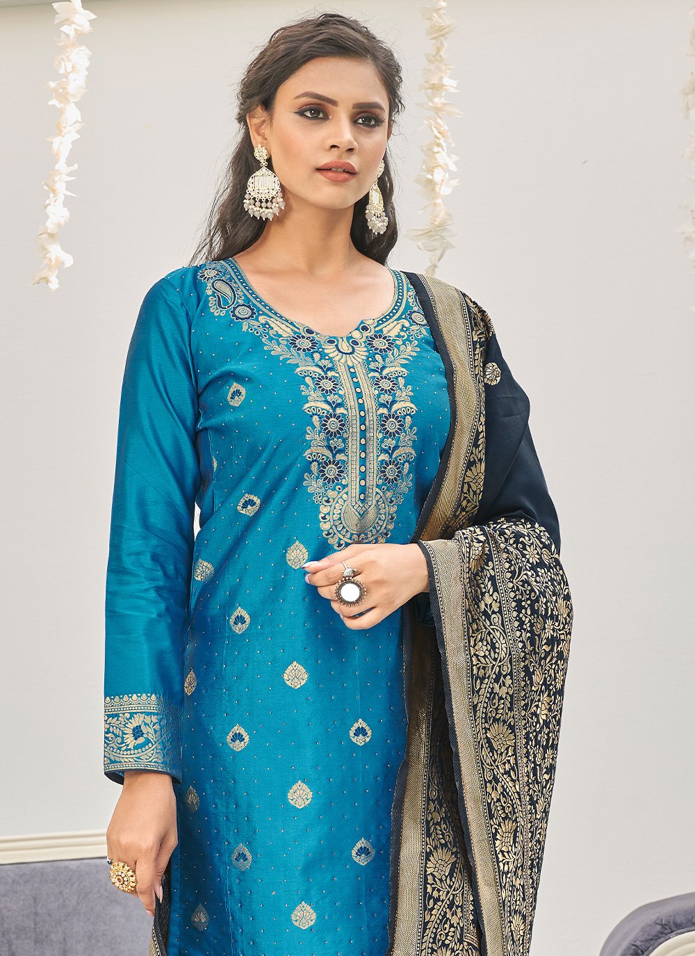 Straight Salwar Suit Banarasi Silk Aqua Blue Woven Salwar Kameez