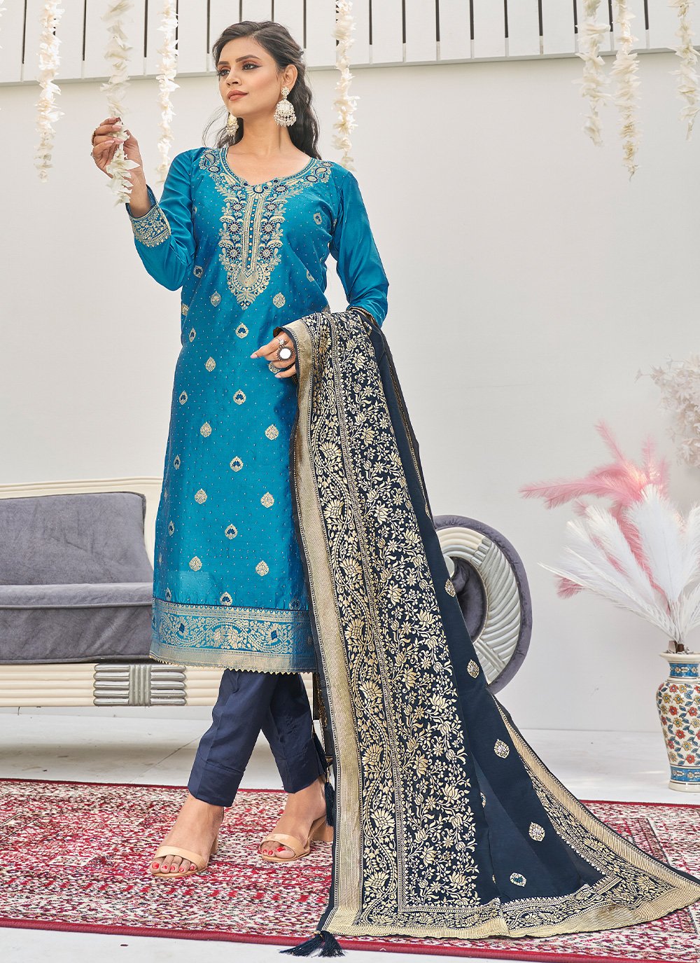 Straight Salwar Suit Banarasi Silk Aqua Blue Woven Salwar Kameez