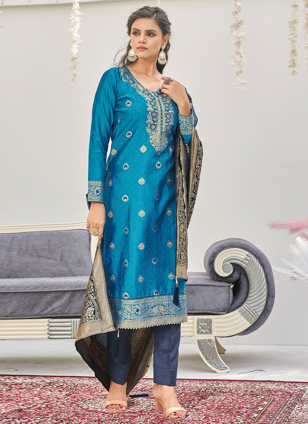 Straight Salwar Suit Banarasi Silk Aqua Blue Woven Salwar Kameez