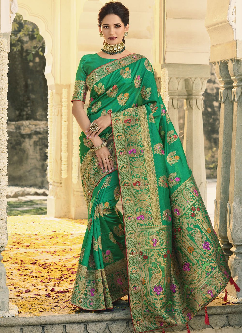 Classic Banarasi Silk Green Swarovski Saree