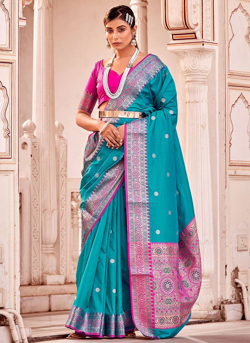 Classic Banarasi Silk Teal Weaving Saree