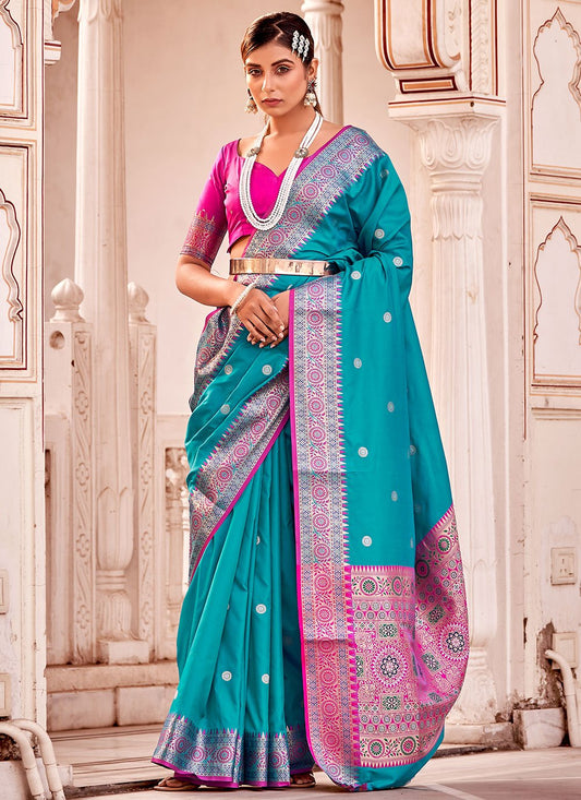 Classic Banarasi Silk Teal Weaving Saree