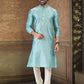 Kurta Pyjama Banarasi Silk Jacquard Firozi Fancy Work Mens