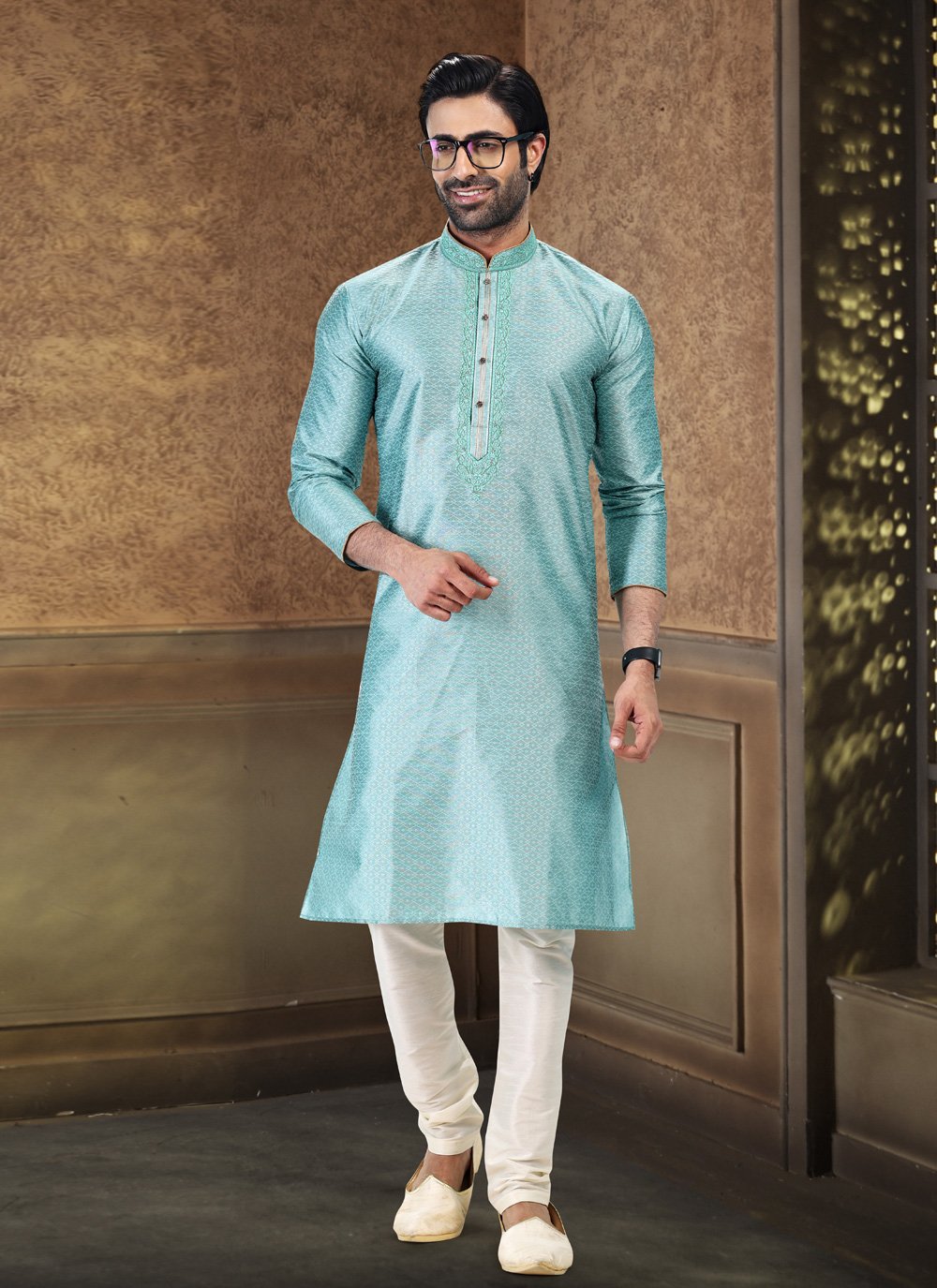 Kurta Pyjama Banarasi Silk Jacquard Firozi Fancy Work Mens