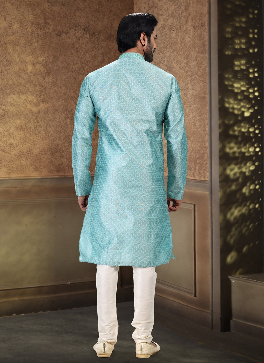 Kurta Pyjama Banarasi Silk Jacquard Firozi Fancy Work Mens