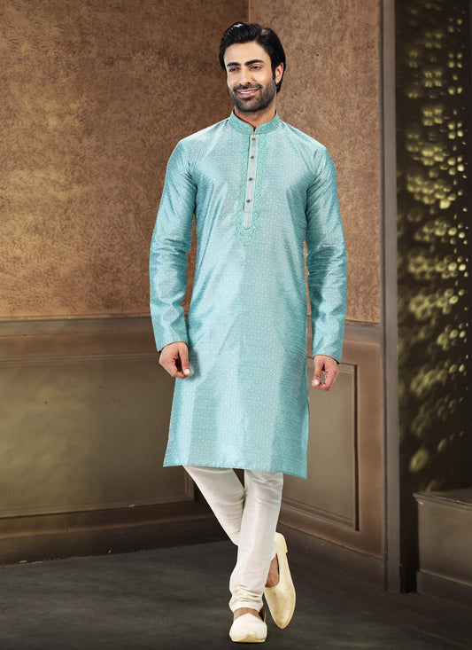 Kurta Pyjama Banarasi Silk Jacquard Firozi Fancy Work Mens