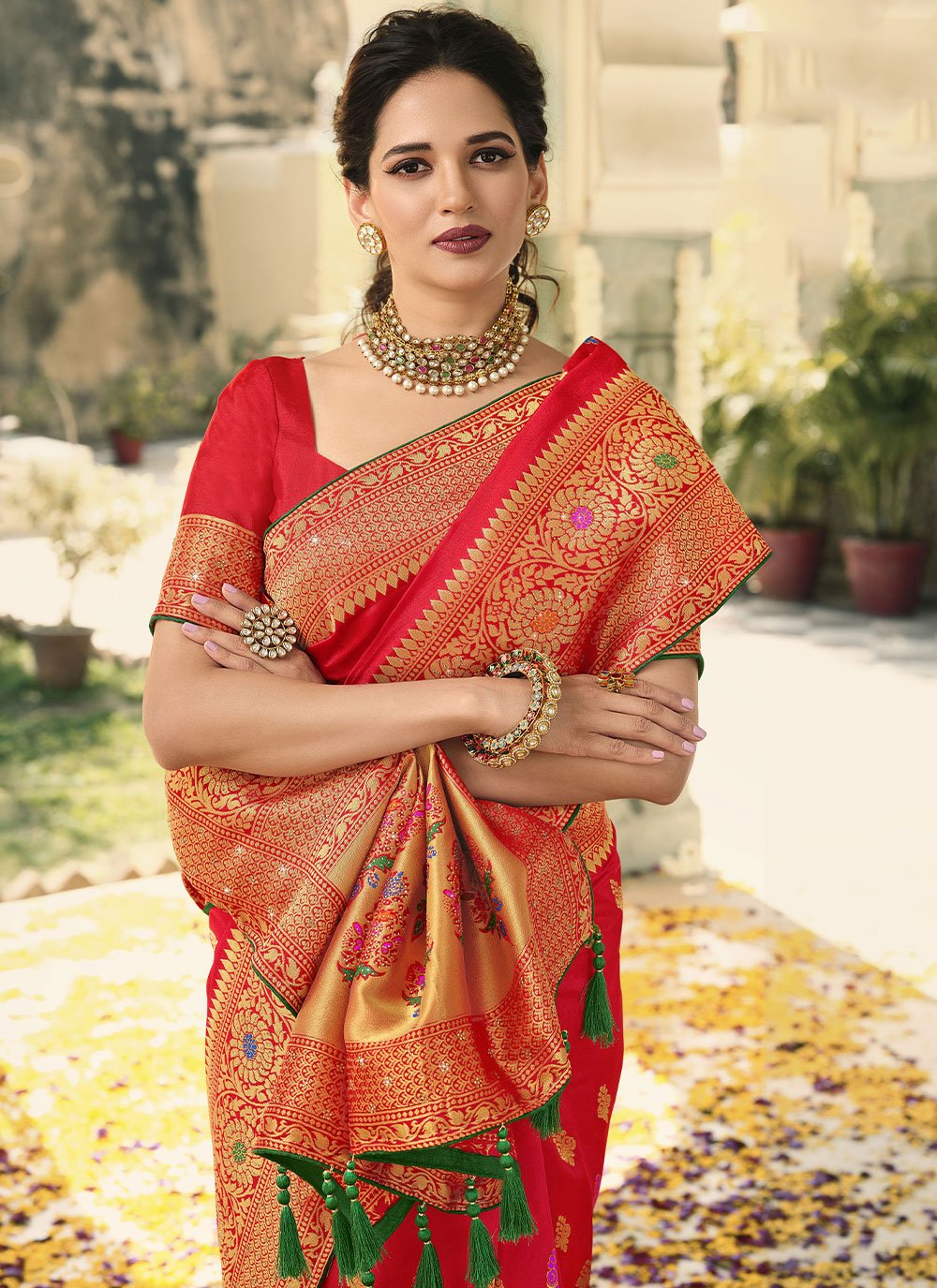 Trendy Saree Banarasi Silk Red Swarovski Saree