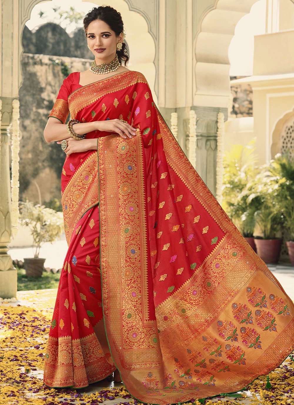 Trendy Saree Banarasi Silk Red Swarovski Saree