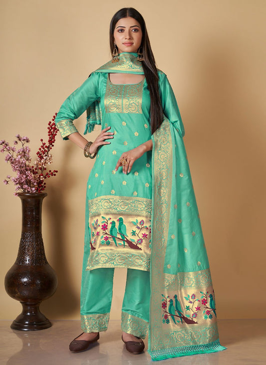 Floor Lenght Salwar Suit Banarasi Silk Turquoise Woven Salwar Kameez