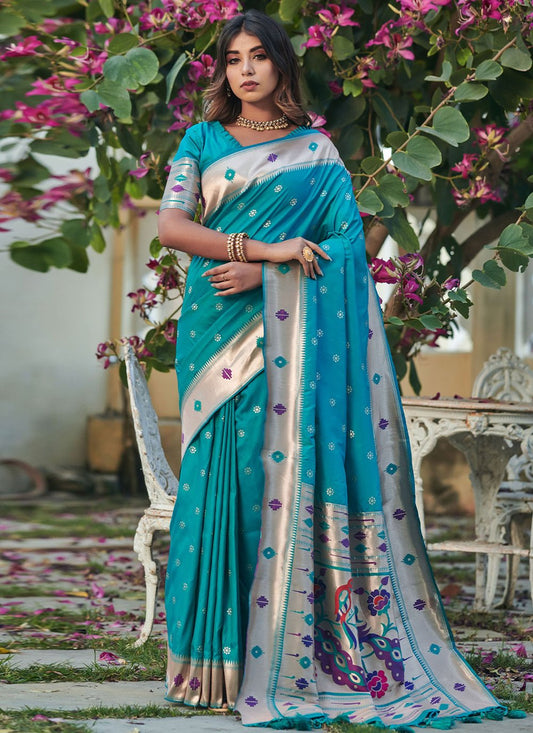 Trendy Saree Banarasi Silk Turquoise Woven Saree