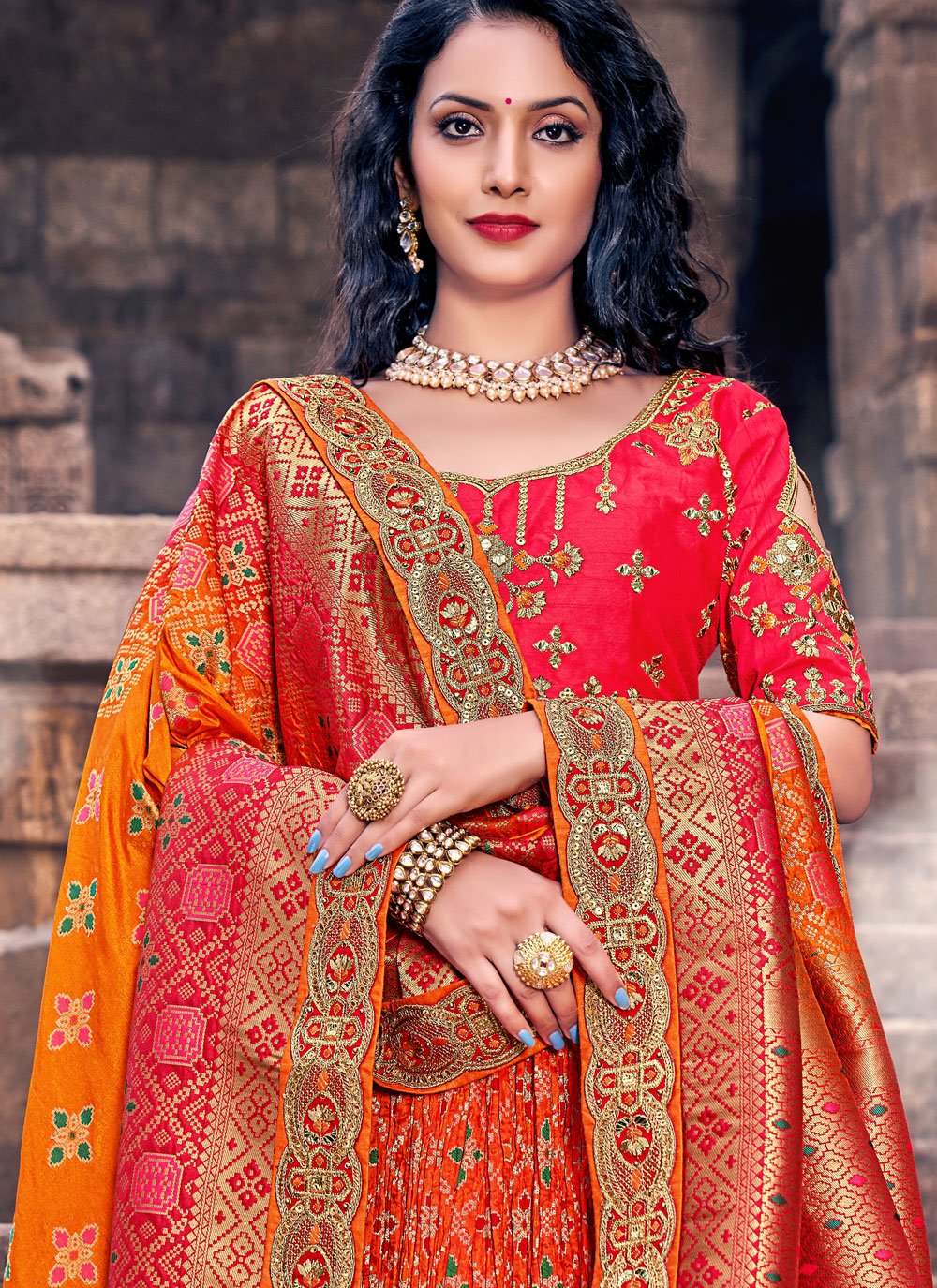 A Line Lehenga Banarasi Silk Orange Red Embroidered Lehenga Choli