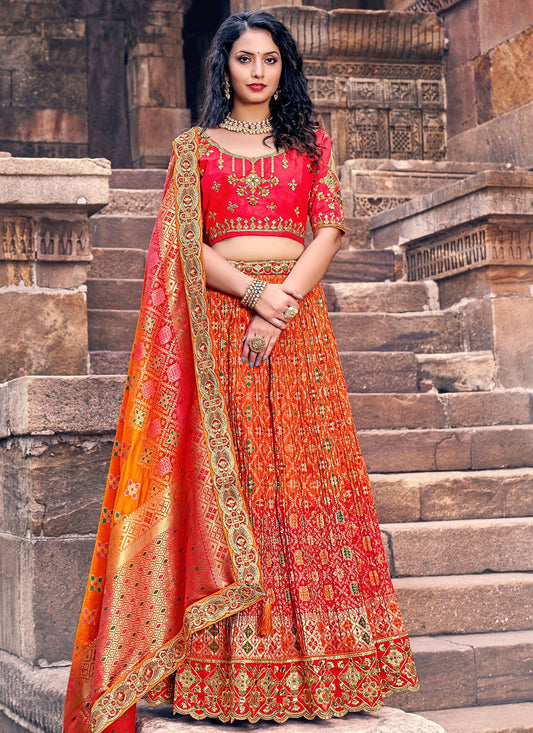 A Line Lehenga Banarasi Silk Orange Red Embroidered Lehenga Choli