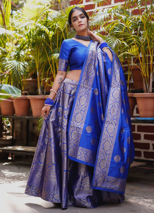 A Line Lehenga Banarasi Silk Blue Weaving Lehenga Choli