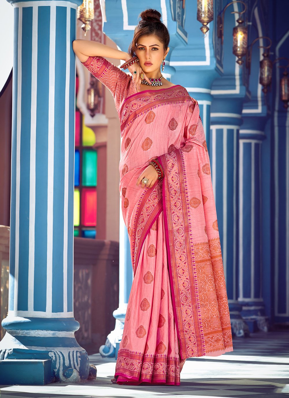 Designer Banarasi Silk Pink Weaving Saree