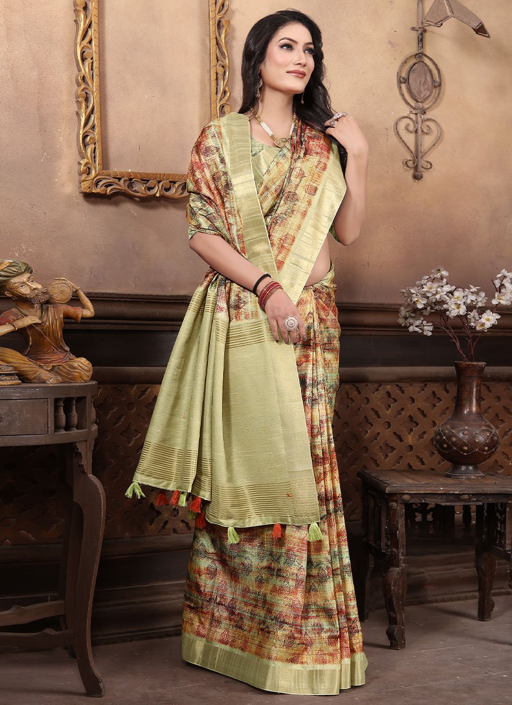 Classic Banarasi Silk Sea Green Digital Print Saree