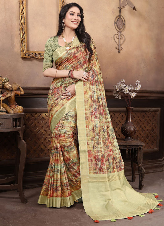 Classic Banarasi Silk Sea Green Digital Print Saree