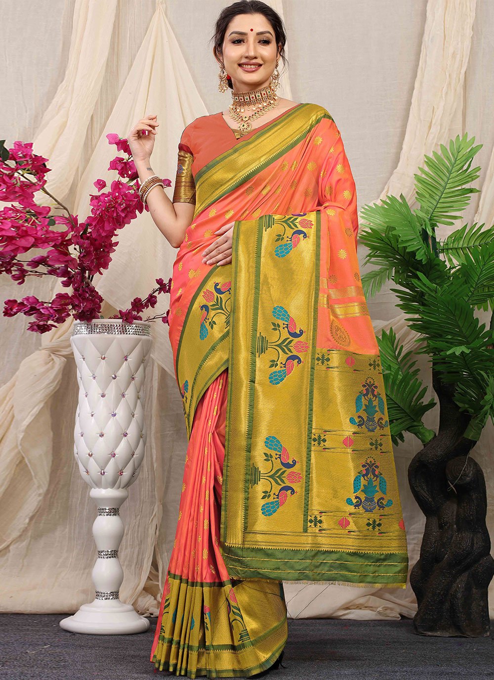 Classic Banarasi Silk Peach Weaving Saree