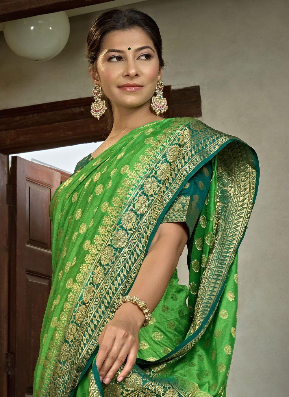 Contemporary Banarasi Silk Green Weaving Saree